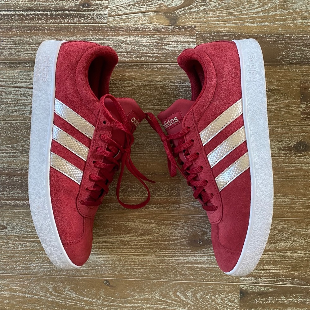 adidas Red Suede Athletic Sneakers with White Stripes
